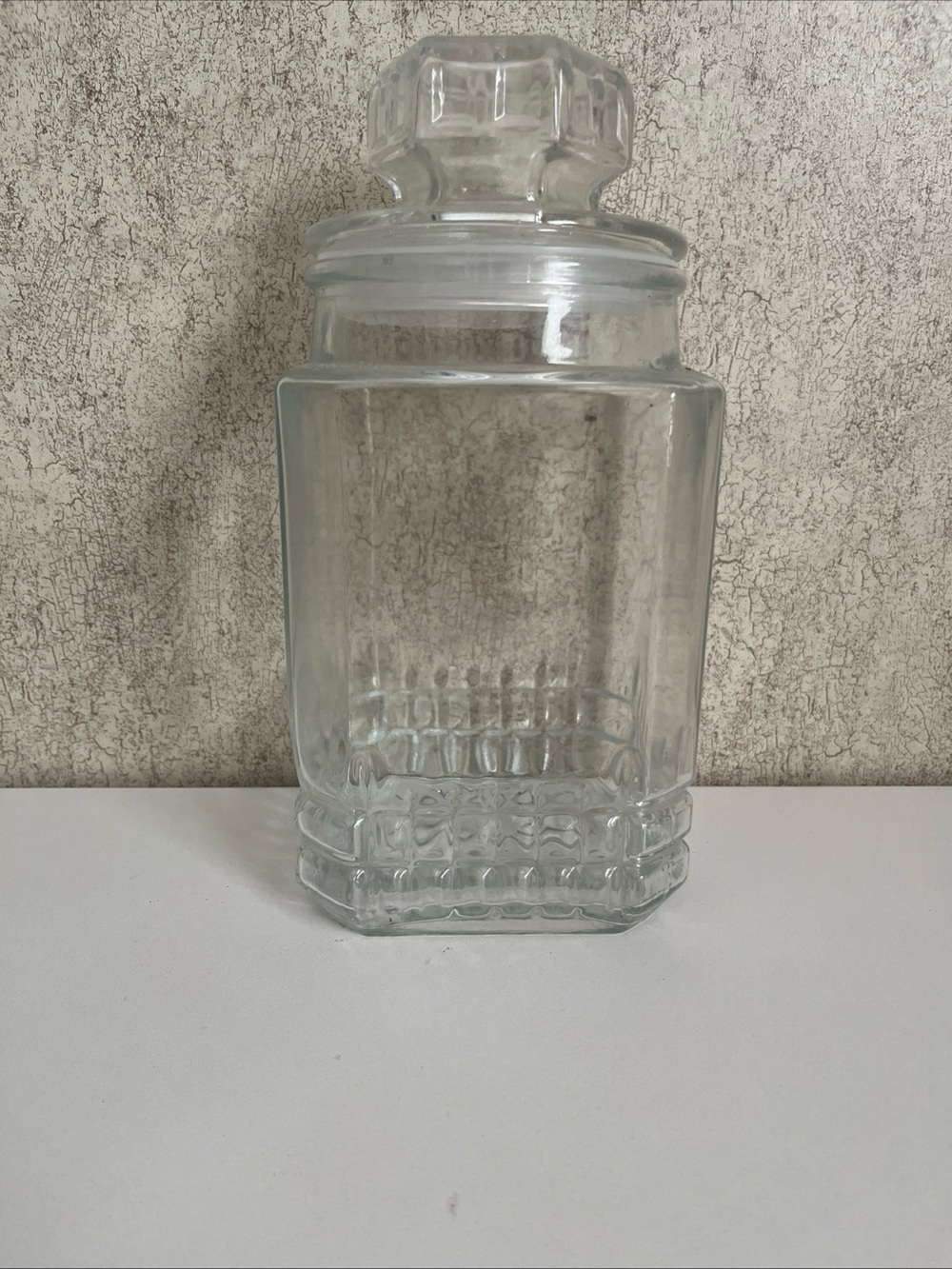 Vintage Koeze Glass Apothecary Jar Canister Starburst Square with Sealed Lid 9”